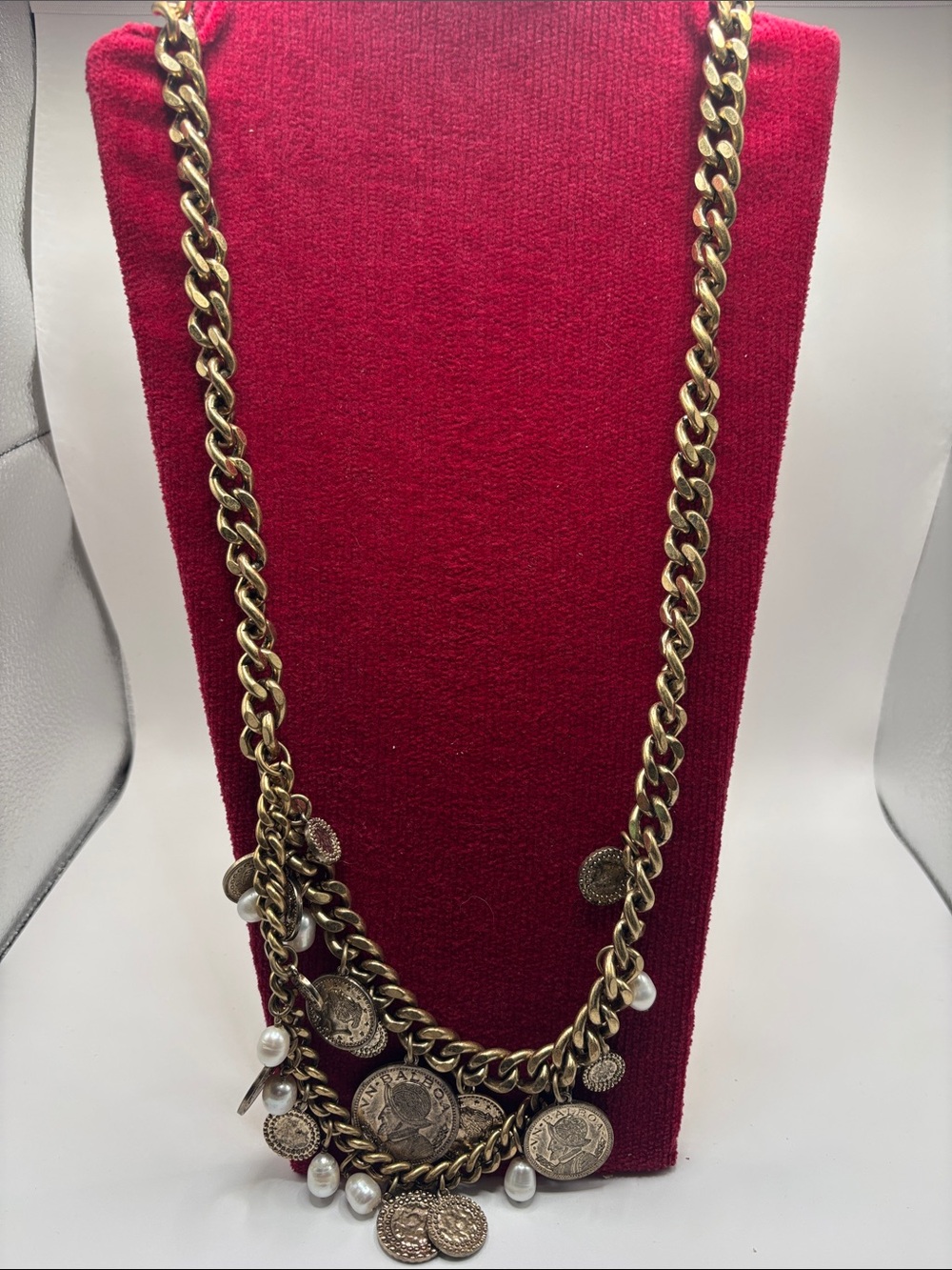 Ann Taylor Gold Tone Coin Pearl Multi Chain Statement Necklace